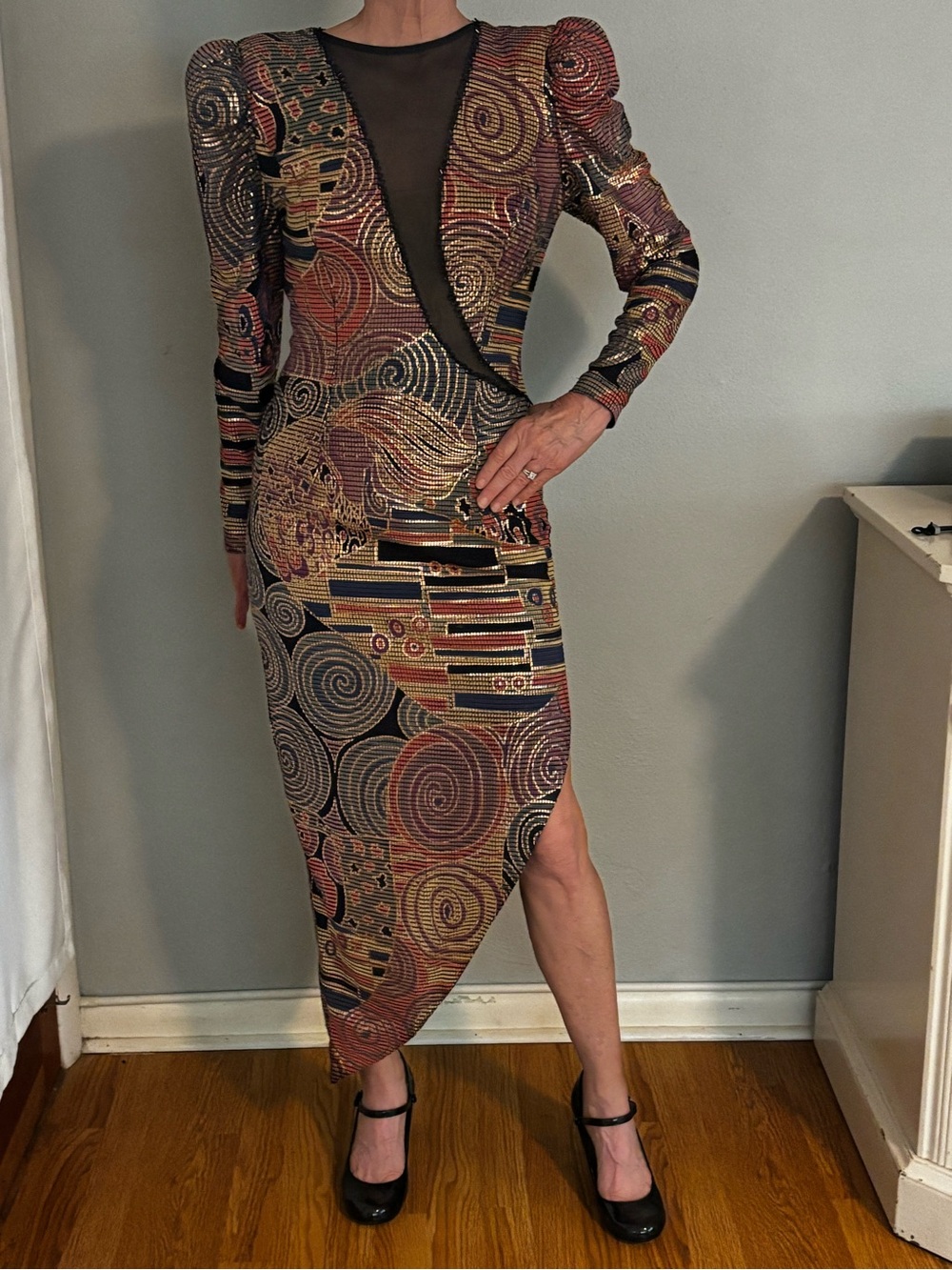 VIntage CACHE small asymmetrical GLAM goth metallic beaded midi dress 90’s Y2K